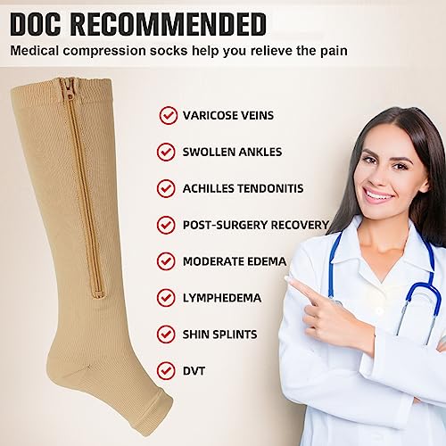 Ktinnead 2 Pairs Zipper Compression Socks for Women, 15-20 mmHg Open Toe Compression Stockings for Women Men, Graduated Knee High Medical Compression Socks for Nurse, Teacher, Pregnant(Black Nude S/M)