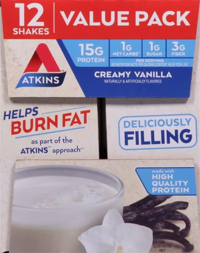 Atkins Creamy Vanilla Protein Shake, 15g Protein, Low Glycemic, 2g Net Carb, 1g Sugar, Keto Friendly, 12 Count