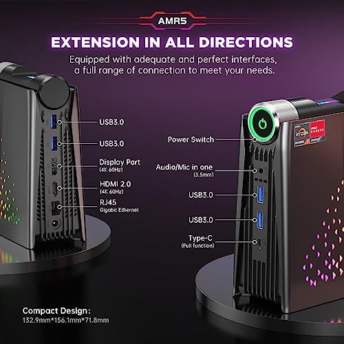 KAMRUI Mini Gaming PC, AMD Ryzen 7 5700U(up to 4.3Ghz) 16GB RAM 512GB NVME SSD, Mini Computer Small Gaming Desktop PC AMR5 3 Mode PERF Switch, RGB Light, Upgrade Capacity, 4K UHD, Type-C, WiFi6/BT5.2