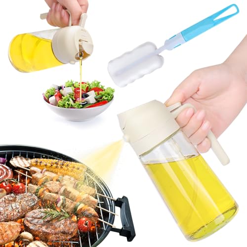 BABORUI 2 In 1 Oil Dispenser and Oil Sprayer, 2Pack 16oz Olive Oil Sprayer with Bottle Brush, Glass Oil Dispenser Bottle Spray and Pour for Air Fryer/Grill/Salads, Kitchen Gadgets for Cooking