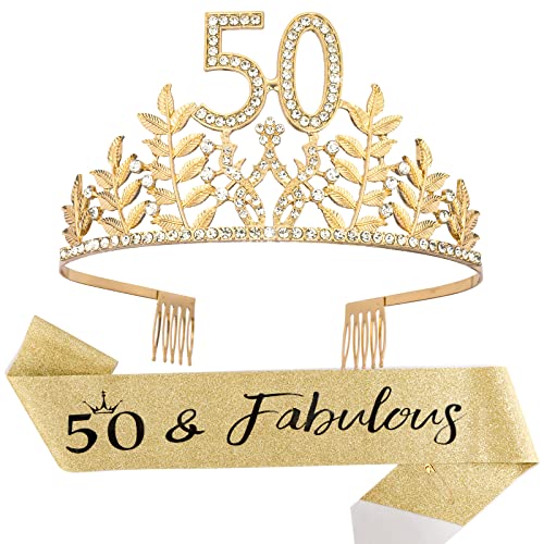 50th Birthday Crown & 50 and Fabulous Birthday Sash Set, CIEHER 50 Birthday Tiara 50th Birthday Sash 50th Birthday Gifts for Mom Friends, 50th Birthday Decorations Women, 50th Happy Birthday Party Favor Supplies, 50 and Fabulous Birthday Decorations - Gol