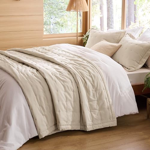Bedsure Linen Quilt Queen Size, Cotton Linen Blend Queen Quilt Sets Linen Bedspread with Natural Wrinkles-Queen Cotton Linen Bedding Set 3-Piece for All Seasons-White (90x96)