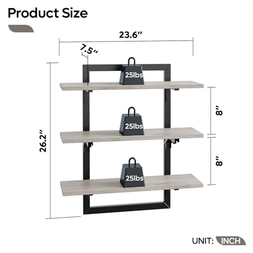 Bestier Floating Shelves for Wall, 24 inch Kitchen Shelves Wall Mounted, 3 Tier Coffee Bar Shelf with Foldable Brackets, Industrial Display Shelf for Bathroom, Living Room, Retro Grey