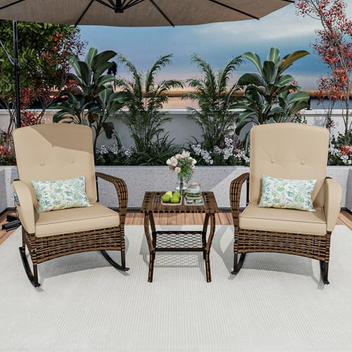 CIRMUBUY 3-Piece Patio Furniture Set,Outdoor Rocking Chairs Set of 2, Patio Conversation Set with 2 Wicker Chairs with Rattan Coffee Table and Cushions for Garden,Porch,Backyard, Bistro (Beige)