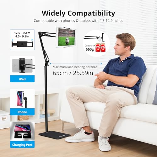 Spessn Adjustable Tablet Floor Stand Universal 360-degree Rotatable Metal Tablet Holder Phone Stand for iPad/iPhoneX/iPad Pro 4.5-12.9" Inch-Screen, Phone, Kindle(Black)