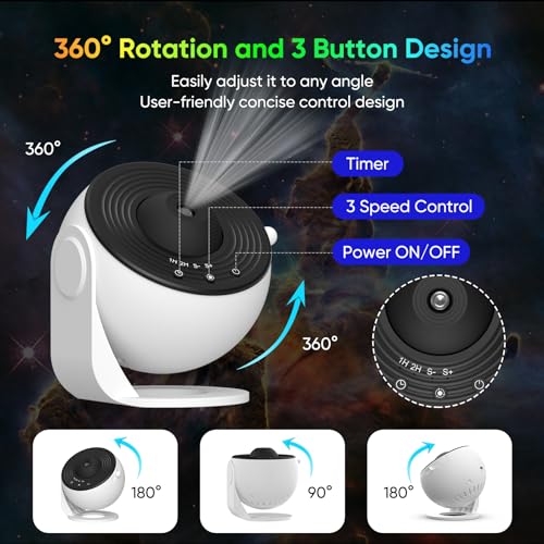 Galaxy Projector for Bedroom, HD Image Star Projector Galaxy Light Adjustable Knob, 13 Film Discs Planetarium Projector for Kids, 360° Rotating 1/2h Timer Simple 3-Button Control