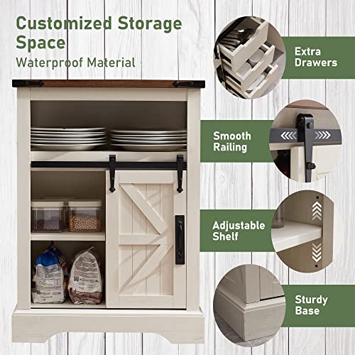 OKD Bathroom Floor Cabinet, Farmhouse Storage Cabinet with Sliding Barn Door & Storage Drawers, Small Storage Cabinet for Bathroom, Kitchen, Living Room, Antique Brush White
