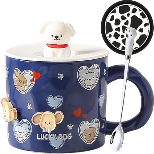 Disoza Dog Mug with Lid Cat Mug 420ML Coffee Mug Gift Dog Ceramic Teacup with Spoon & Coaster Tea Coffee Christmas Mug Birthday Gift for Woman Girlfriend