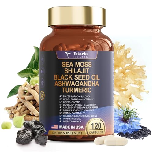 25-in-1 Sea Moss Black Seed Oil Ashwagandha Ginger Shilajit Supplement 18525mg, Sea Moss Capsules with Bladder Burdock Ceylon Cinnamon Berberine ACV Manuka VIT C&D3 for Immune, Gut & Energy, 120 Caps