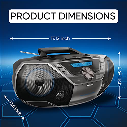 Philips Portable CD Player Bluetooth with Cassette All in one Powerful Stereo Boombox for Home with mega Bass Reflex Speakers, Radio/USB / MP3/ AUX Input with Backlight LCD Display