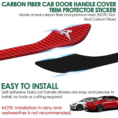 ONKENTET 4 Pcs Door Handle Cover Compatible with Tesla Model 3 (2017-2024) Model Y (2020-2024) Real Carbon Fiber 3D Sticker Wrap Covers Exterior Trim Epoxy Door Sill Protector Accessories (Red)