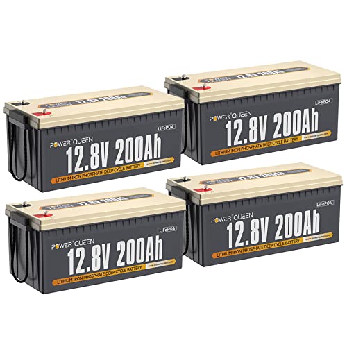 power queen 4Pack of LiFePO4 Battery 12.8V200Ah, Built-in 100A BMS, Max 5120Wh, Up to 15000+ Cycles, Support in Series/Parallel, Widely Used in Home Solar System, RV Camping, Off-Grid Power