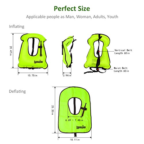 Lyuwpes Inflatable Snorkel Vest Adult Snorkeling Jackets Free Diving Swimming Safety Load Up to 220 Ibs Green