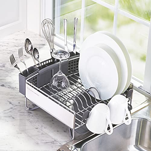 KitchenAid Compact Space Saving, Dish Rack with Removable Flatware Caddy and Angled Self Draining Drainboard, Satin Gray, 15-Inch-by-13.25-Inch