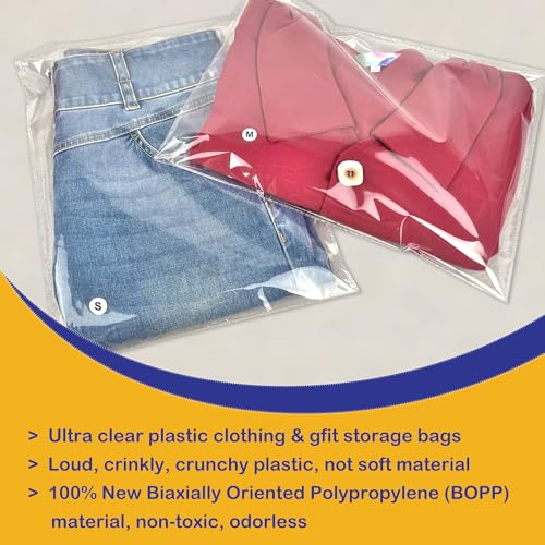 PigPotParty 100PCS 9"x12" Thick Clear Plastic T Shirts & Apparel Bags with Size Stickers, Cellophane Self Adhesive Packaging Bags, Resealable Wrapping Bags for Small Business