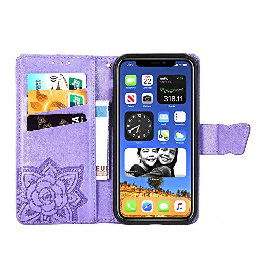 CaseHQ Compatible with iPhone 12 Mini Case 5.4 inch(2020),Wallet Case for Women and Girls,Premium Strap with Card Holder,3D Embossed Butterfly,Pu Leather Flip-Purple