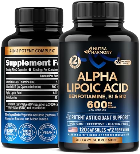 Alpha Lipoic Acid 600mg - ALA Supplement Antioxidant for Nerve, Energy & Metabolism Support - Extra Strength with Benfotiamine, B1 & B12 - Lab Tested, NON-GMO & Vegan - 120 Capsules, 2 Month Supply