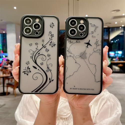 Weonmov for iPhone 12 Pro Case, Flowers Butterfly Slim Thin Hard PC Frosted Cover Soft TPU Bumper, Translucent Matte Shockproof Phone Case for Women Girls - Black (Floral Butterfly)