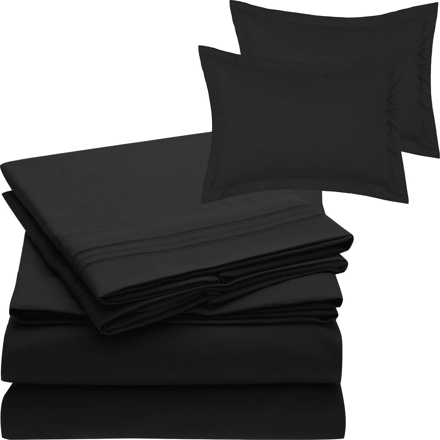 Mellanni Bed Sheet Set + 2 Pillow Shams Bundle&Save - Hotel Luxury Bedding Sheets & Pillowcases - Bundle Includes: 4pcs Bed Sheet Set and 2 Pillow Shams with 2" Flange (Queen/Standard, Black)