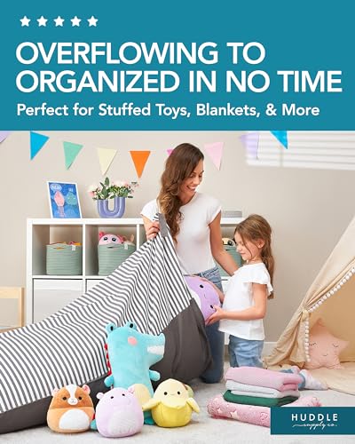 HUDDLE Original Stuffed Animal Bean Bag Storage Large Designer Beanbag Chairs for Kids Teens & Adults | Instant Clutter Clear for Stylish Moms - Stuffed Animal Storage Bean Bag Chair Grey Stripe