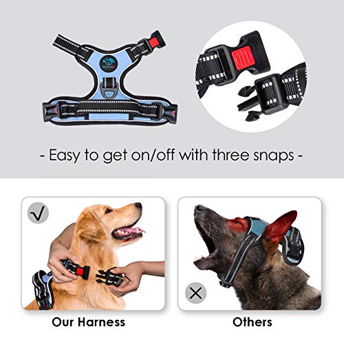 PHOEPET No Pull Dog Harness Reflective Adjustable Vest with a Training Handle, Name ID Pocket, 2 Metal Leash Hooks, 3 Snap Buckles [Easy to Put on & Take Off](S, Baby Blue)