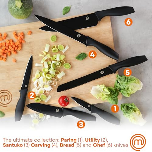 MasterChef Kitchen Knife Set with Covers, 6 Professional Chef Knives for Home Kitchens, Extra Sharp Cutting Stainless Steel Blades & Protective Sheaths, Soft-Touch Easy-Grip Handles, Essential Black