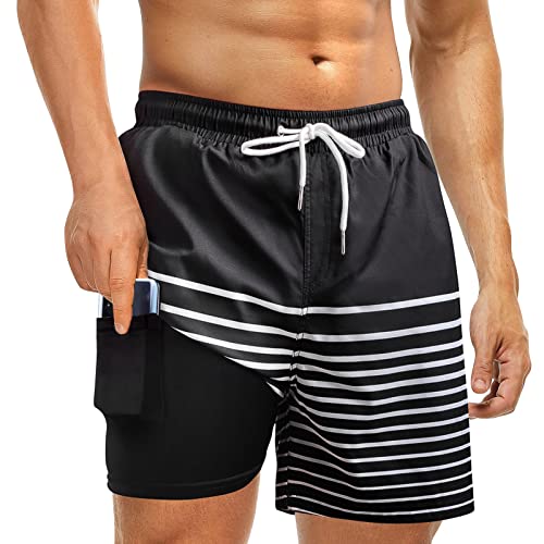 Mens Swim Trunks with Compression Liner 2 in 1 Quick Dry Bathing Suit Swim Shorts Boxer Brief Liner