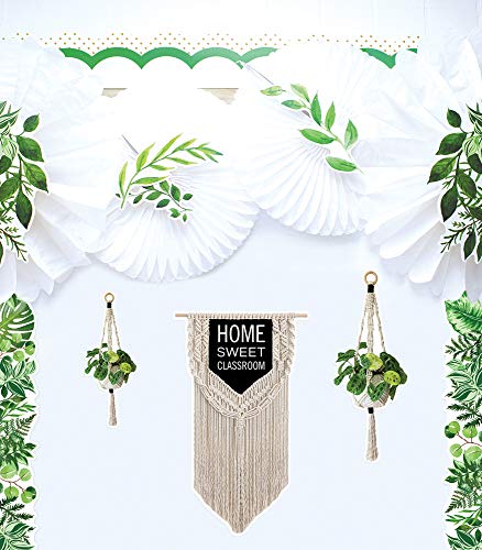 Schoolgirl Style Simply Boho Bulletin Board Set—Home Sweet Classroom Macrame Header, Leaf Border Trims, Hanging Planters, Assorted Leaves, Hexagon Cutouts (58 pc)