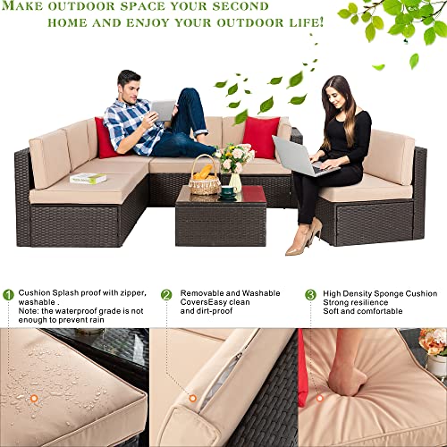 Vongrasig 7 Pieces Outdoor Patio Furniture Sets, Outdoor Sectional Rattan Sofa, PE Manual Weaving Wicker Patio Conversation Set with Cushion, Glass Table, Red Pillow (Beige)