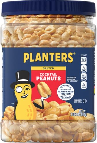 PLANTERS Salted Cocktail Peanuts, Party Snack, Plant-Based Protein, After School Snack, Roasted in Peanut Oil, Salted Nuts, Snack for Adults, Flavored with Sea Salt, Bulk Nuts, Kosher, 2.19lb (2 lb, 30z = 35 oz) Jar