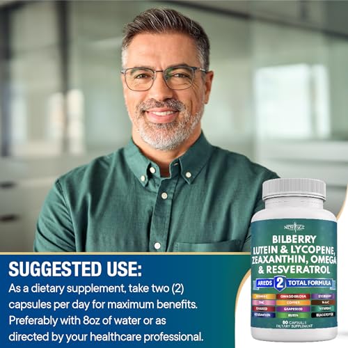 NEW AGE Eye Health Vitamins with Bilberry 6000mg Lutein & Zeaxanthin 40mg Lycopene 40mg Resveratrol 3000mg Grape Seed Extract 6000mg Astaxanthin - Eye Vitamin - 60 Count