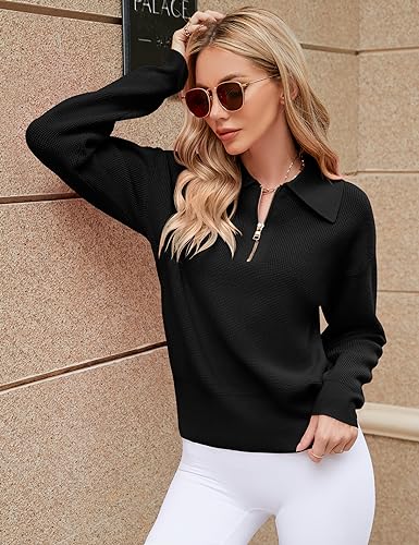 Micoson Apricot Sweaters for Women Fashion Long Sleeve Quarter Zip Pullover Waffle Knit Shirt Soft V Neck Knit Tops for Teen Girls Winter Clothing S