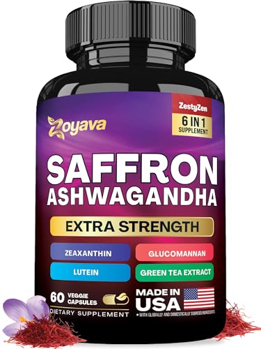 Zoyava Saffron Supplements 1000mg Glucomannan 1000mg Ashwagandha 1000mg Green Tea Extract 1000mg Lutein & Zeaxanthin - Pure Saffron Extract Capsules - Mood & Vision Pills - 2 Month Supply