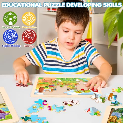 Wooden Animals Puzzles for Kids Age 3 4 5 Year Old, 4 Pack 24 Pcs Montessori Toddler Jigsaw Puzzles for Girl boy Activities Preschool Learning Educational Birthday Gift Travel Autistic Wooden Toys