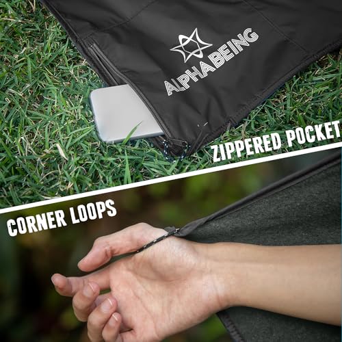 AlphaBeing Waterproof Outdoor Blanket with Merino Wool, Extra Thick Warm, Windproof, Packable Stadium Blankets for Cold Weather, Camping Gift, Pet, Car, Picnic, Concerts, 79" x 59", Black/Gray