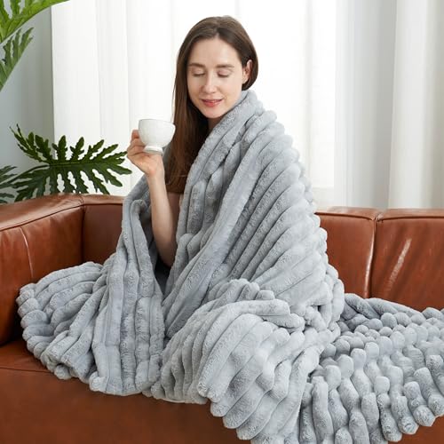 Amélie Home Faux Fur Throw Blanket for Couch, Rabbit Fur Warm Luxurious Soft Striped Cozy Fluffy Plush Gift Blankets for Family Sofa Chair Bed Living Room,Light Grey,60 x 80 inch