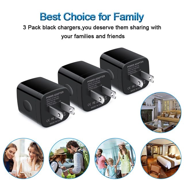 Wall Charger Cube,1A/5V Single Port USB Plug 3 Pack Travel Black Charging Block Box Adapter Compatible Phone,Samsung Galaxy S24 S23 A21 A51 A71 S20 S10 S9 S8,A10e,Note20/10,Moto G7 G6,LG Stylo 6/5/4