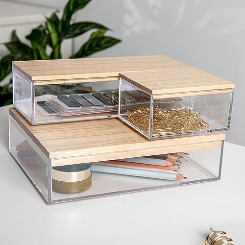 Martha Stewart Brody Plastic Storage Organizer Bins with Paulownia Wood Lids for Home Office,-Kitchen, or-Bathroom, 3 Pack 1-Small/1-Medium/1-Large, Clear/Lt Natural