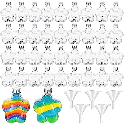 Hsei 50 Pcs Plastic Sand Art Bottles with caps and 5 Small Funnels Sand Art Containers Kits for Kids Craft DIY Art Activity Group Wedding Birthday Party Gift Party Favor, Without Sand(Flower)