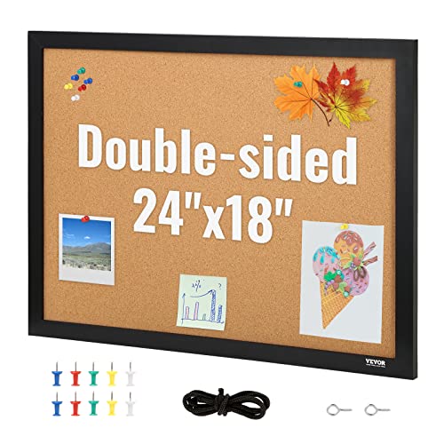 VEVOR Cork Board for Walls, Double-Sided Cork 24" x 18" Bulletin Board Vision Board, Push Pin Board with Framed for Office Home and School