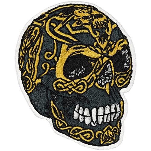 SKULL Patch pirates | Golden skull iron-on patch for all fabrics & leather | Skull head sticker for clothing and leather | tribal badge halloween accessory emblem | 2.75x2.28 in