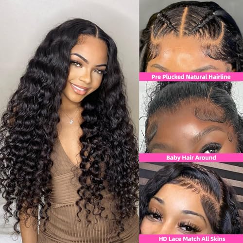 Rovess 613 Deep Wave Lace Front Wig Human Hair HD Transparent Lace Frontal Wig Human Hair 200% Density 13X6 Blonde Lace Front Wigs Human Hair Pre Plucked With Baby Hair Wigs for Women Blonde 24 Inch