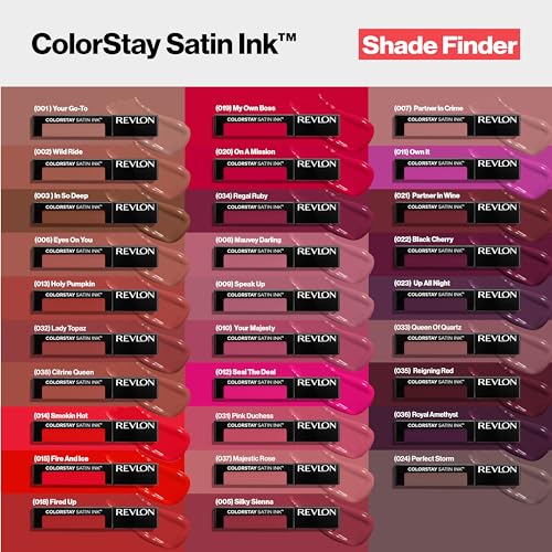 REVLON ColorStay Satin Ink Crown Jewels Liquid Lipstick, Longlasting & Waterproof Lipcolor, Moisturizing Creamy Formula Infused with Black Currant Seed Oil, 035 Reigning Red, 0.17 fl oz.