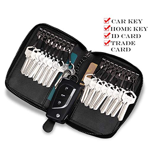 BAKUN Large Zipper Leather Car Key Case, Key Holder Key Organizer Wallet, With 16 Hooks(Black)