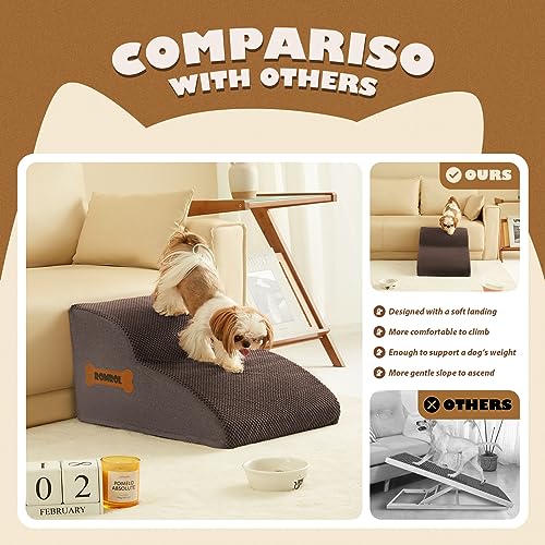 Dog Stairs, Romrol High Density Foam Dog Steps for High Bed and Couch, Dog Ramp, Pet Stairs for Small Dogs and Cats or Pets Joints, 3-Step