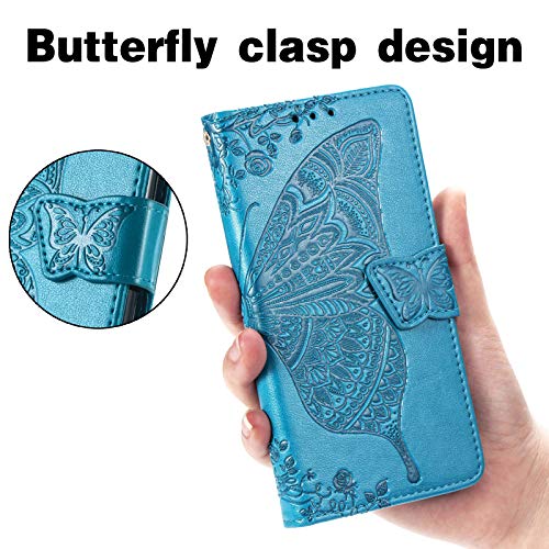 Wallet Case for Samsung Galaxy A25 5G,Women Flip Folio PU Leather Protective Case Wrist Strap Card Slots Holder Purse Emboss Butterfly Flower Stand Flip Case for Samsung Galaxy A25 5G Blue