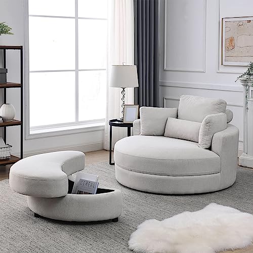 DEINPPA Swivel Accent Chair with Armrest Tray, Round Barrel Chairs with Ottoman for Living Room Bedroom-Corduroy Fabric-Haze Blue