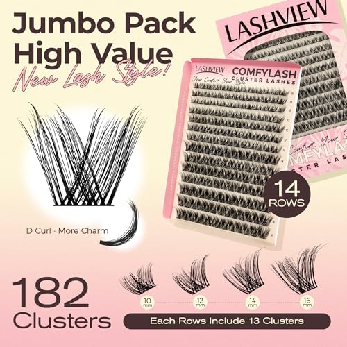 LASHVIEW Cluster Lashes 182pcs COMFYLASH D Curl Lash Extension Clusters Natural Look Cluster Lashes Extensions Super Thin Band & Soft Lashes Reusable 9-16mm MIX (natural)