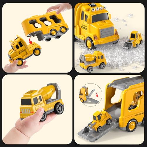 TEMI Construction Truck Boy Toys for 3-5 Year Old Toddlers - Toys for 3 4 5 6 7 Years Old Engineering Transport Vehicle Carrier Truck, Kids Excavator Crane Gift Toys for Boys & Girls Aged 4-6