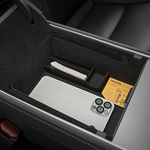 2PCS Center Console Organizer Tray for Tesla Model 3/Y 2020-2023 - Upgrade Flocked Armrest Hidden Cubby Drawer Storage Box, Interior Accessories Tray for Coin keys and Sunglass Holder